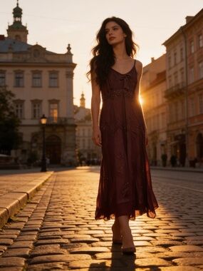 Sakkas Maroon Beaded Midi Slip Dress with Spaghetti Straps